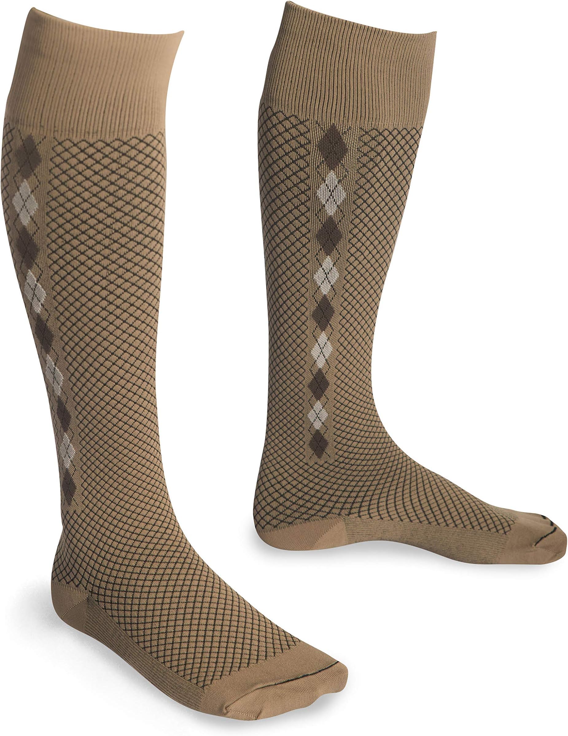 EvoNation Men & Women Mini Argyle Knee High Compression Socks 15-20 mmHg Moderate Pressure US Made Medical Quality Travel Support Stockings (Large, Tan)