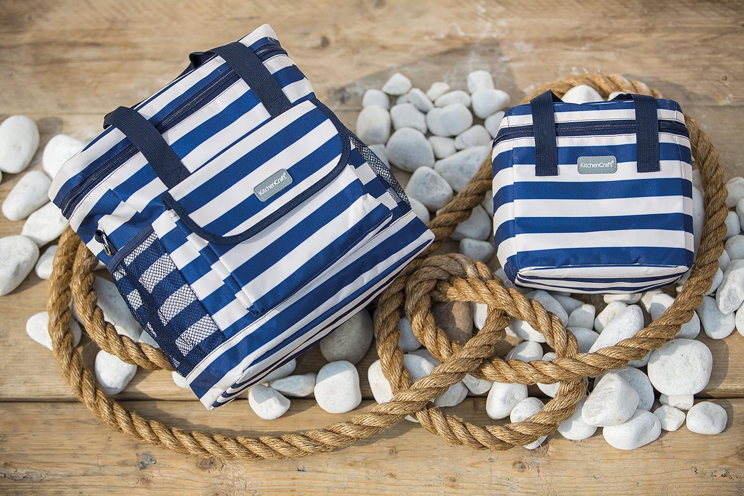 KitchenCraft We Love Summer Nautical-Striped Medium Cool Bag, 12 L (2.5 gal) - Navy Blue/White - Image 3