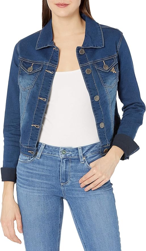 dark denim jacket with light jeans