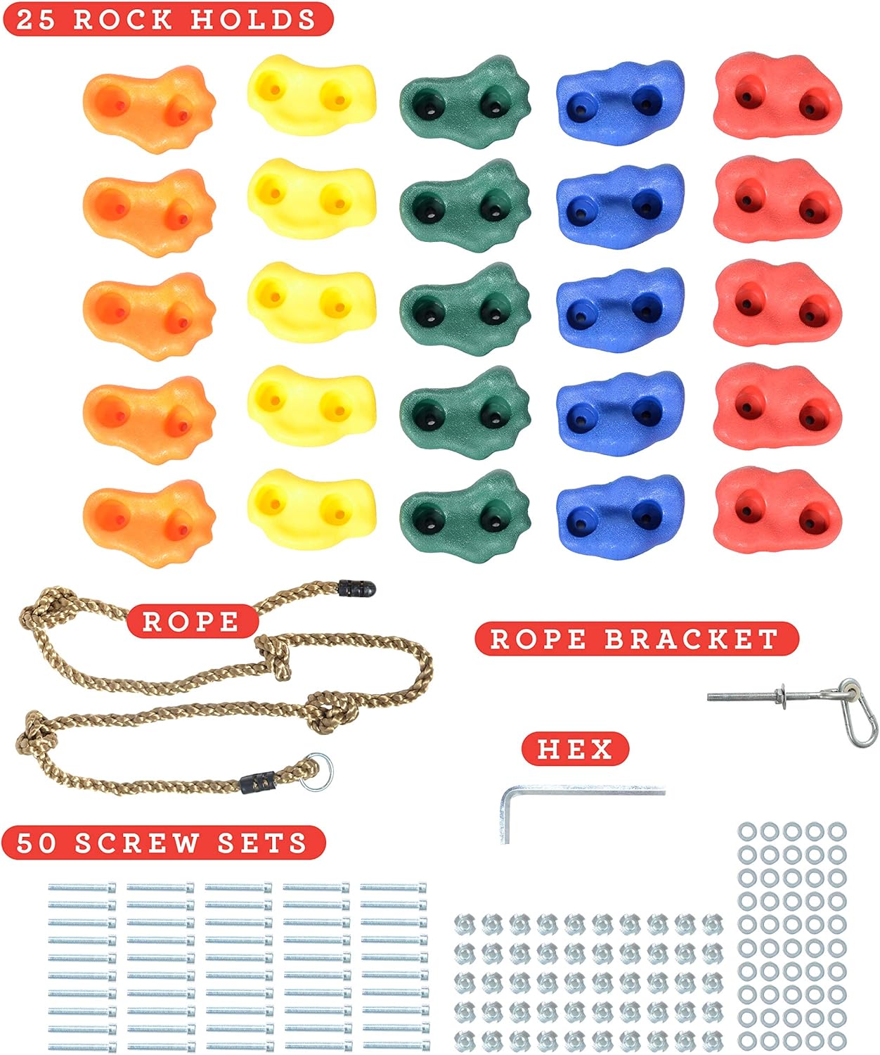 Milliard DIY Rock Climbing Holds Set with 8 Foot Knotted Rope (25 Pc. Kit) Kids Indoor and Outdoor Play Set Use, Includes Mounting Screws, Handles and Hooks.: Toys & Games