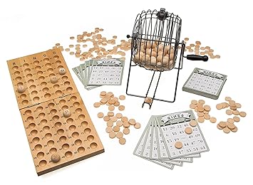 Sport-Thieme Bingo-Spiel mit Bingotrommel | Bingo-Set: Metaltrommel mit Handkurbel, 75 Bingo-Kugeln, 310 Bingo-Chips, 24 Bing