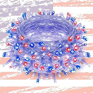 300 LED Indoor Fairy String Lights, July 4th Patriotic Mini Light 8 Lighting Modes Plug in, Waterproof LED for Independence Day Outdoor Holiday Party Bedroom Decorations (Red, Blue & White)
