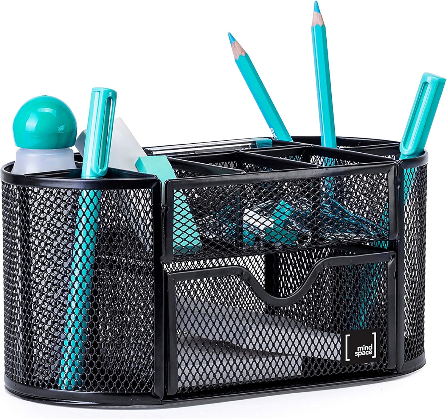 Pen Holder for Desk By Mindspace with 8 Compartments + Drawer| Office Supplies Organizer | The Mesh Collection, Black: Home Improvement