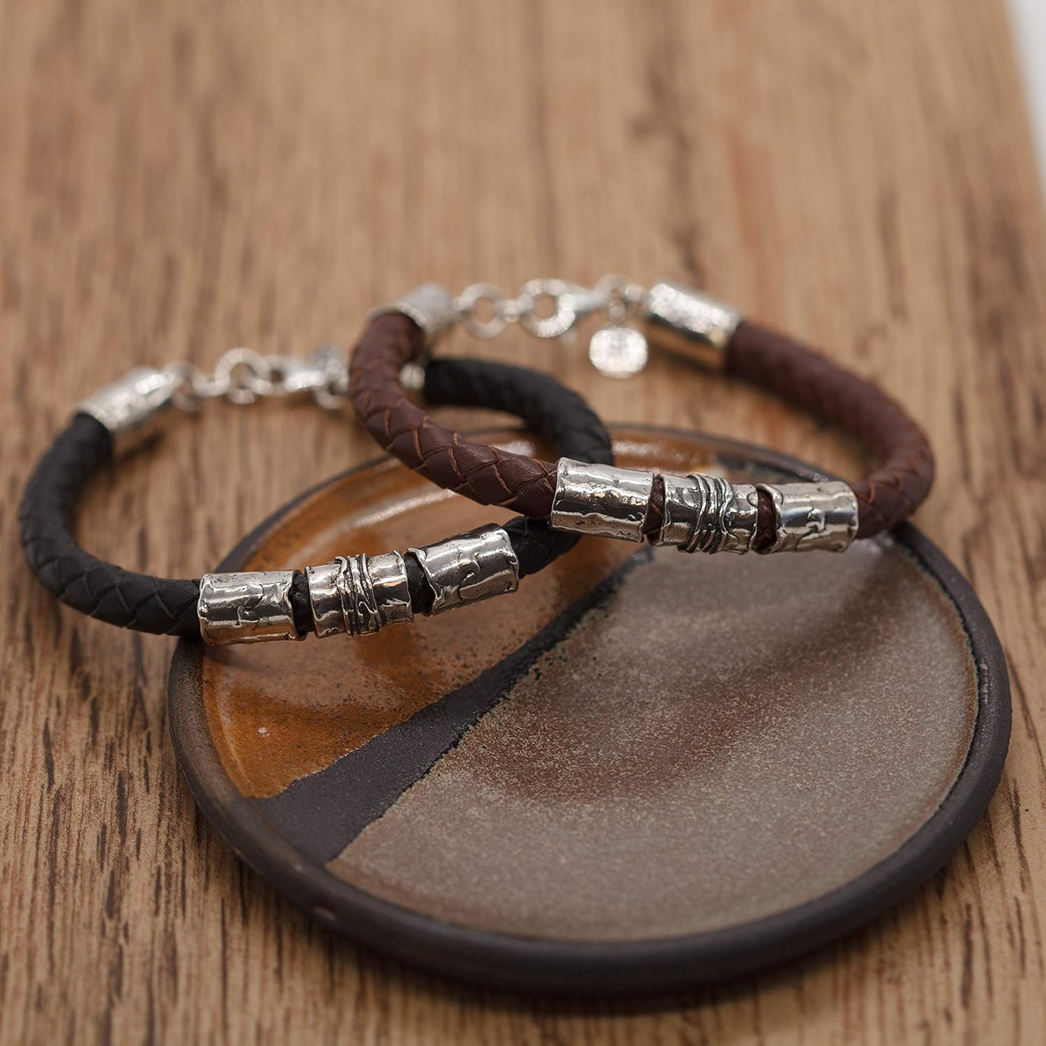 PZ Paz Creations 925 Sterling Silver Bracelet For Men | Braided Design Genuine Leather in Navy Blue Or Dark Brown | 8-1/4" Lobster Clasp | Made In Israel (Blue): Clothing
