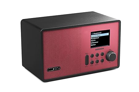 MEDION E85059 WLAN-Internetradio (6 cm (2,4 Zoll) TFT Farb-Display, 40 Speicherplätze, Holzgehäuse, USB, Aux) Rot/Schwarz
