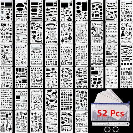 Amazon Com 48 Pieces Journal Planner Stencils Plastic Bullet Stencil With A6 File Bag Steel Ruler And 2 Pieces Metal Key Rings For Notebook Diary Scrapbook And Diy Drawing Template Total 52 Pieces