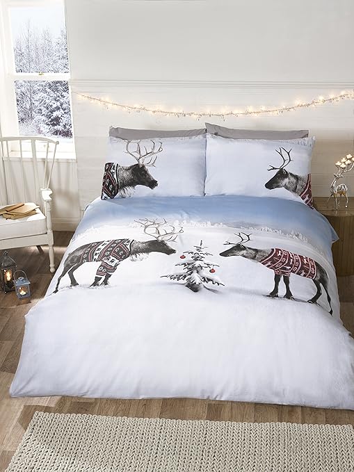 Reindeer Christmas Novelty Xmas Quilt Duvet Cover and 2 Pillowcase Bedding Bed Set, MultiColour
