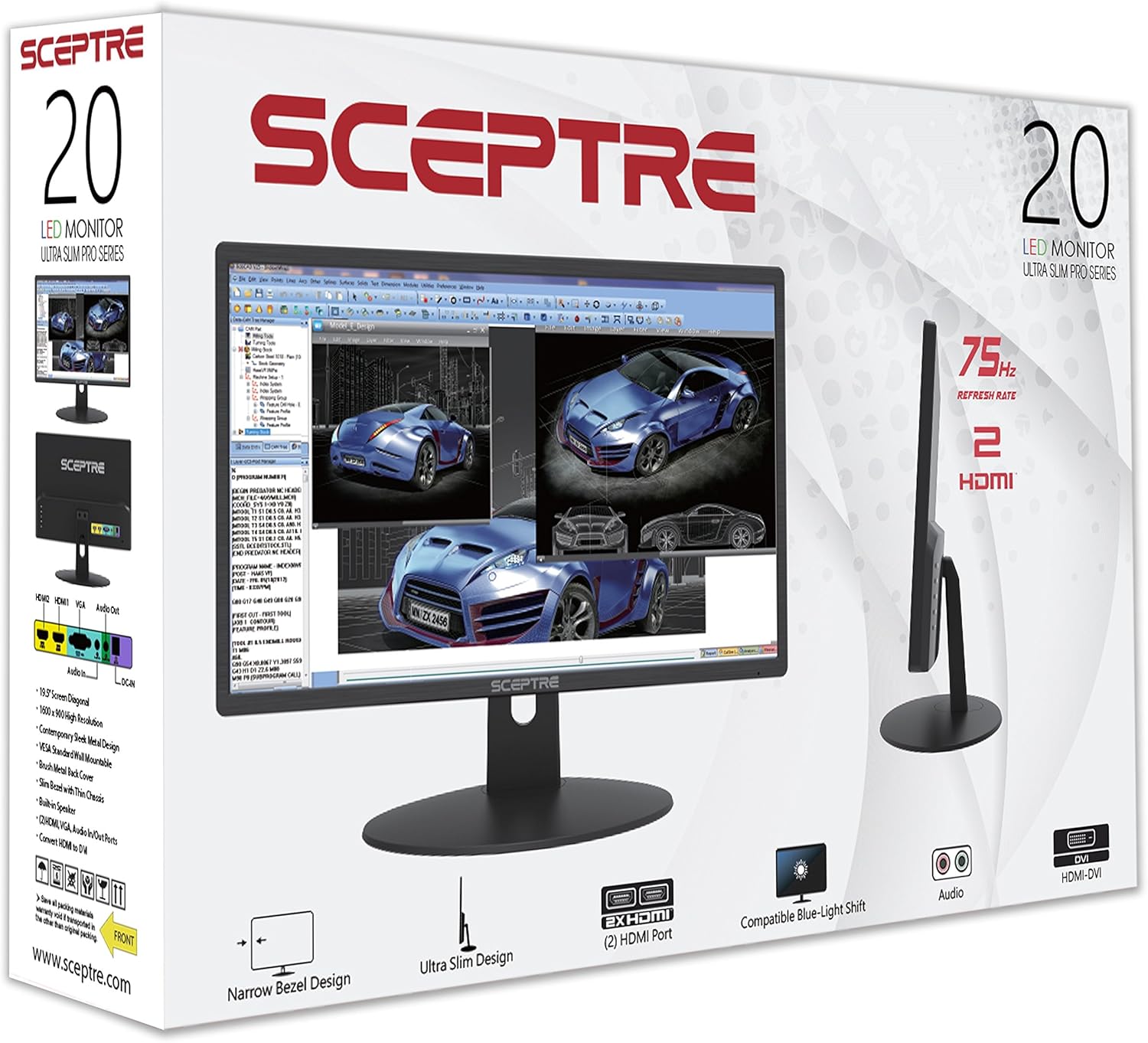 Sceptre E248W-19203R 24" Ultra Thin 75Hz 1080p LED Monitor 2x HDMI VGA Build-in Speakers, Metallic Black 2018: Computers & Accessories