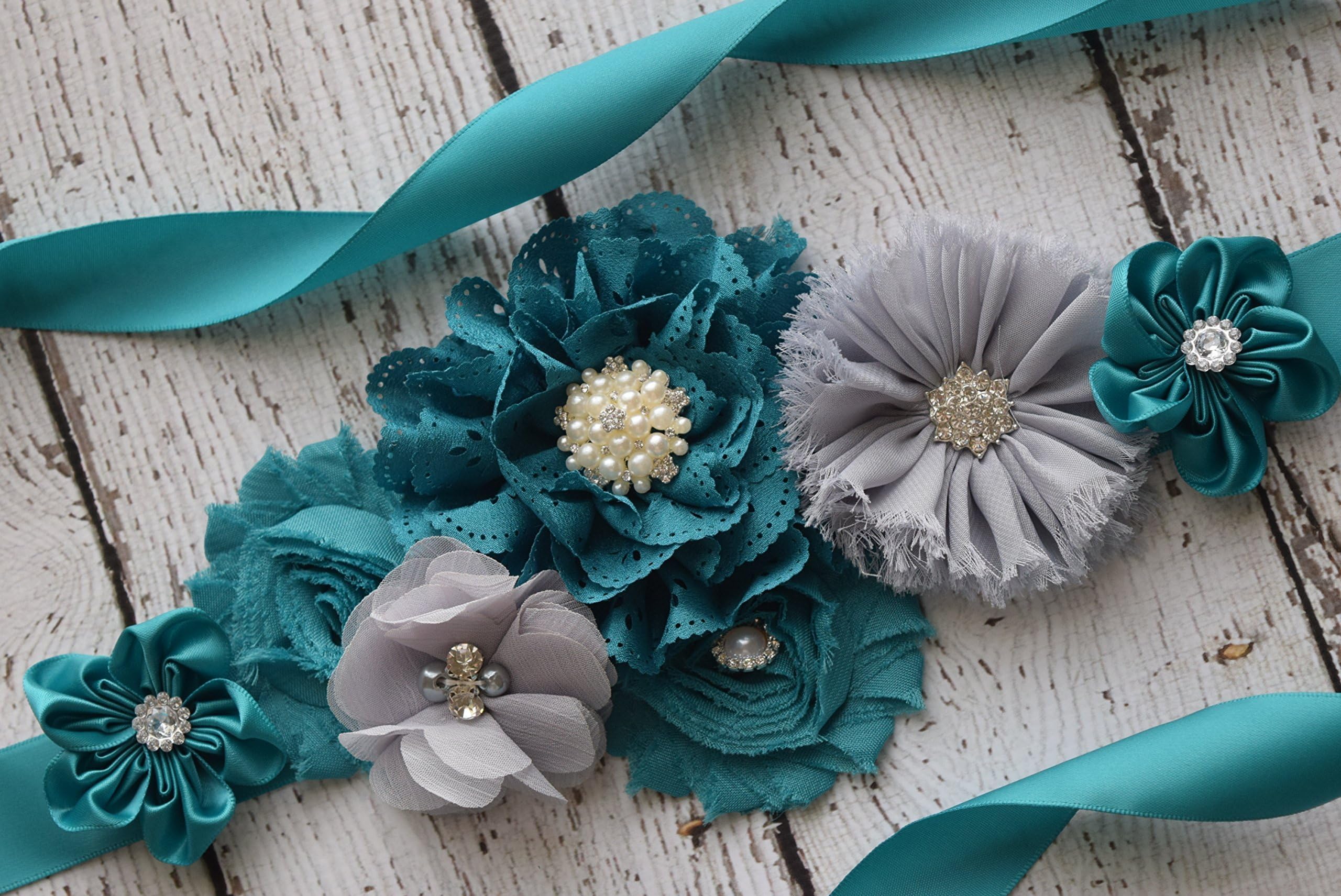 Flower Sash, Teal grey Sash, flower Belt, maternity sash