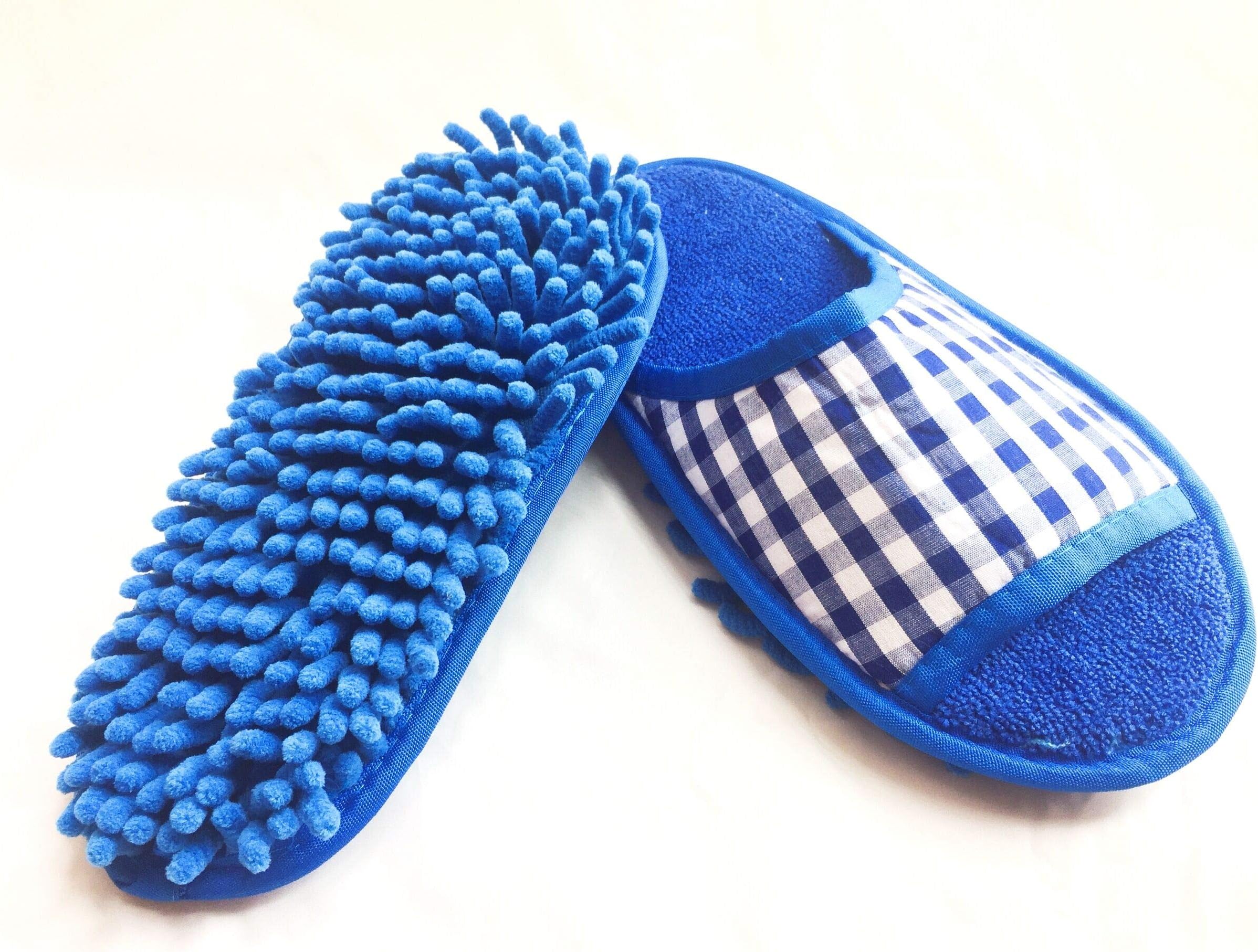 Goldball Ultrafine Chenille Cleaning Dusting Mopping Shoes Microfiber Dusting Mopping Slipper Fits Women Size 6 to 9 (Blue-Check Pattern)