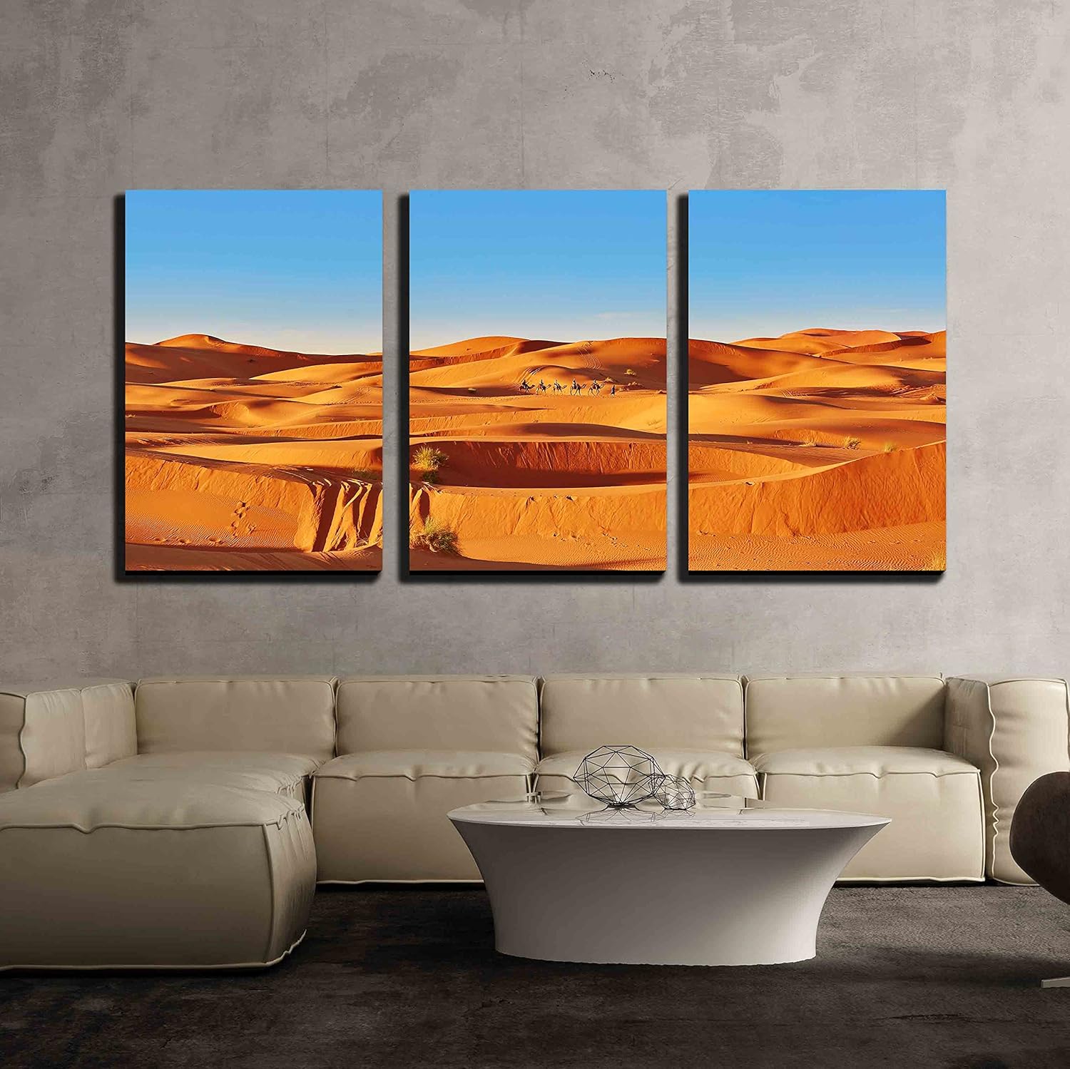 3 Piece Canvas Wall Art - Camel Caravan Going Through The Sand Dunes in The Sahara Desert, Merzouga, Morocco - Modern Home Art Stretched and Framed Ready to Hang - 24