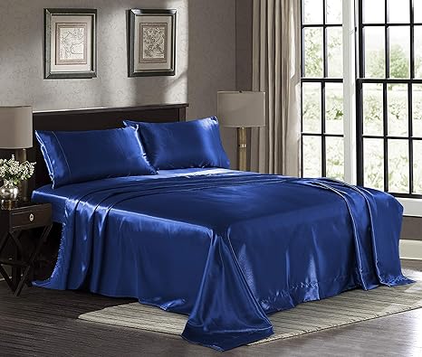 Amazon Com Satin Sheets California King 4 Piece Navy Luxury Silky Bed Sheets Extra Soft 1800 Microfiber Sheet Set Wrinkle Fade Stain Resistant Deep Pocket Fitted Sheet Flat Sheet Pillow Cases Kitchen