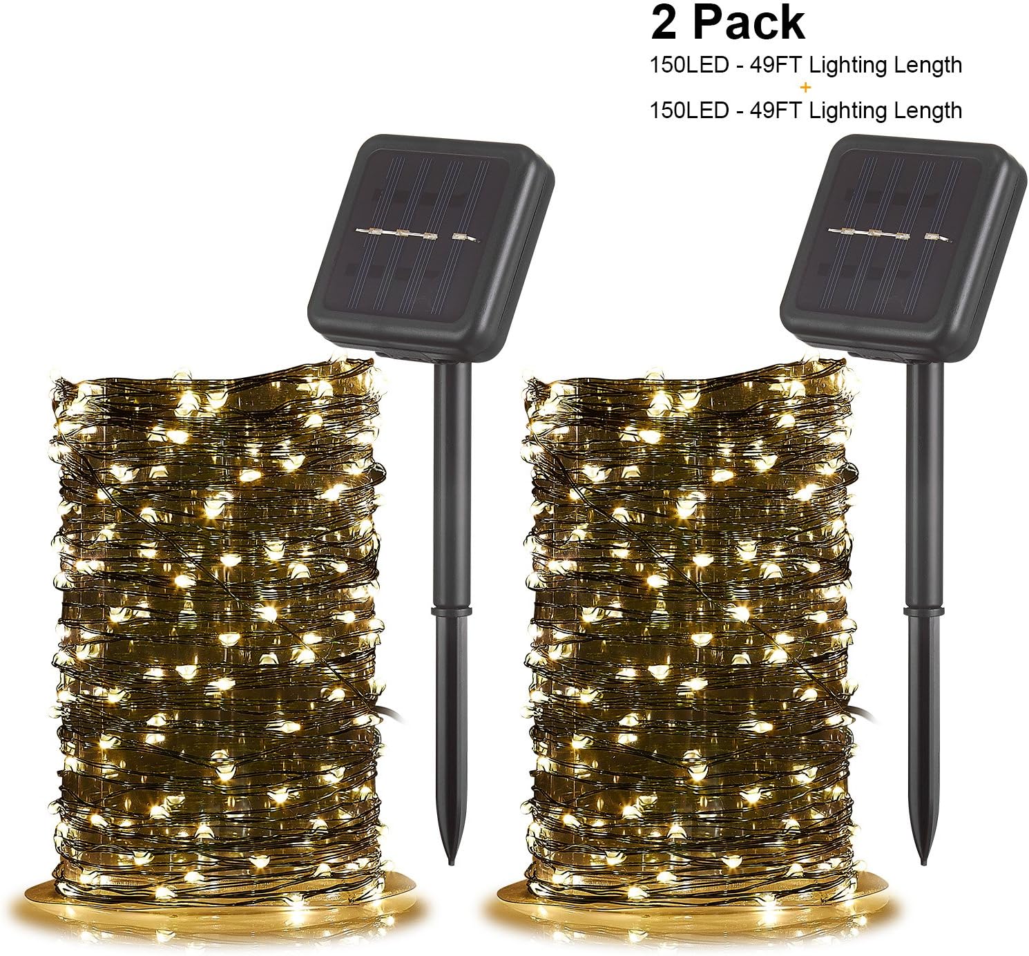 NIOSTA 55Ft Solar Power Copper Wire Fairy String Lights,with 150 LED Twinkle Lights for Arbor,Sidewalk Decoration, Backyard Christmas Plant Tree Illumination (2-Pack Green)