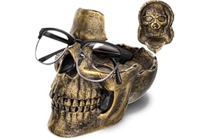 READAEER Skull Glasses Stand Holder, Creative Eyeglasses Holder, Sunglasses Spectacle Display Rack, Key Holder Resin Sculptures for Entryway, Home, Office, Desk, Nightstand (Bronze)