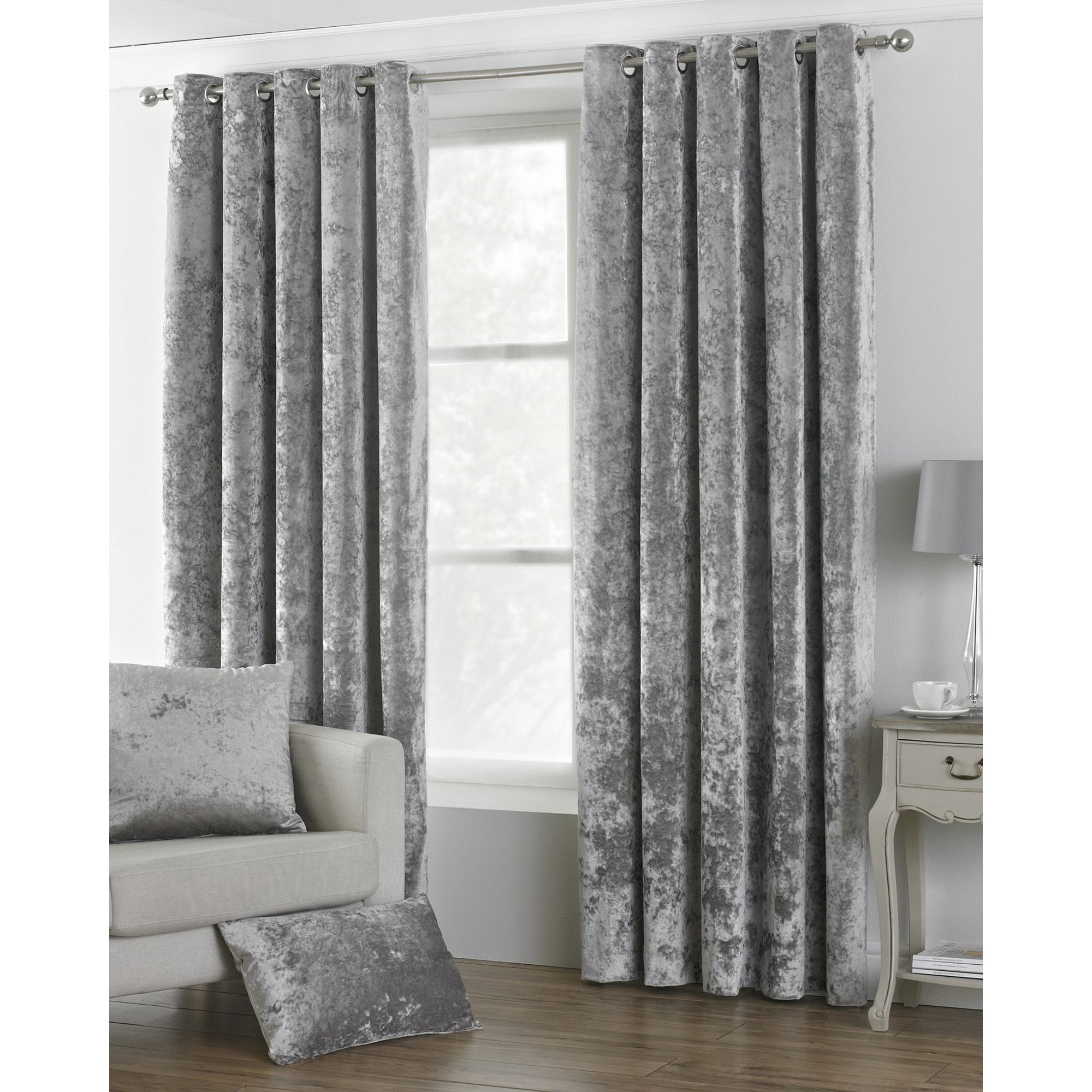Paoletti Verona CRUSHED VELVET Eyelet Curtains, 66" x 72" (168 x 183 cm), Silver