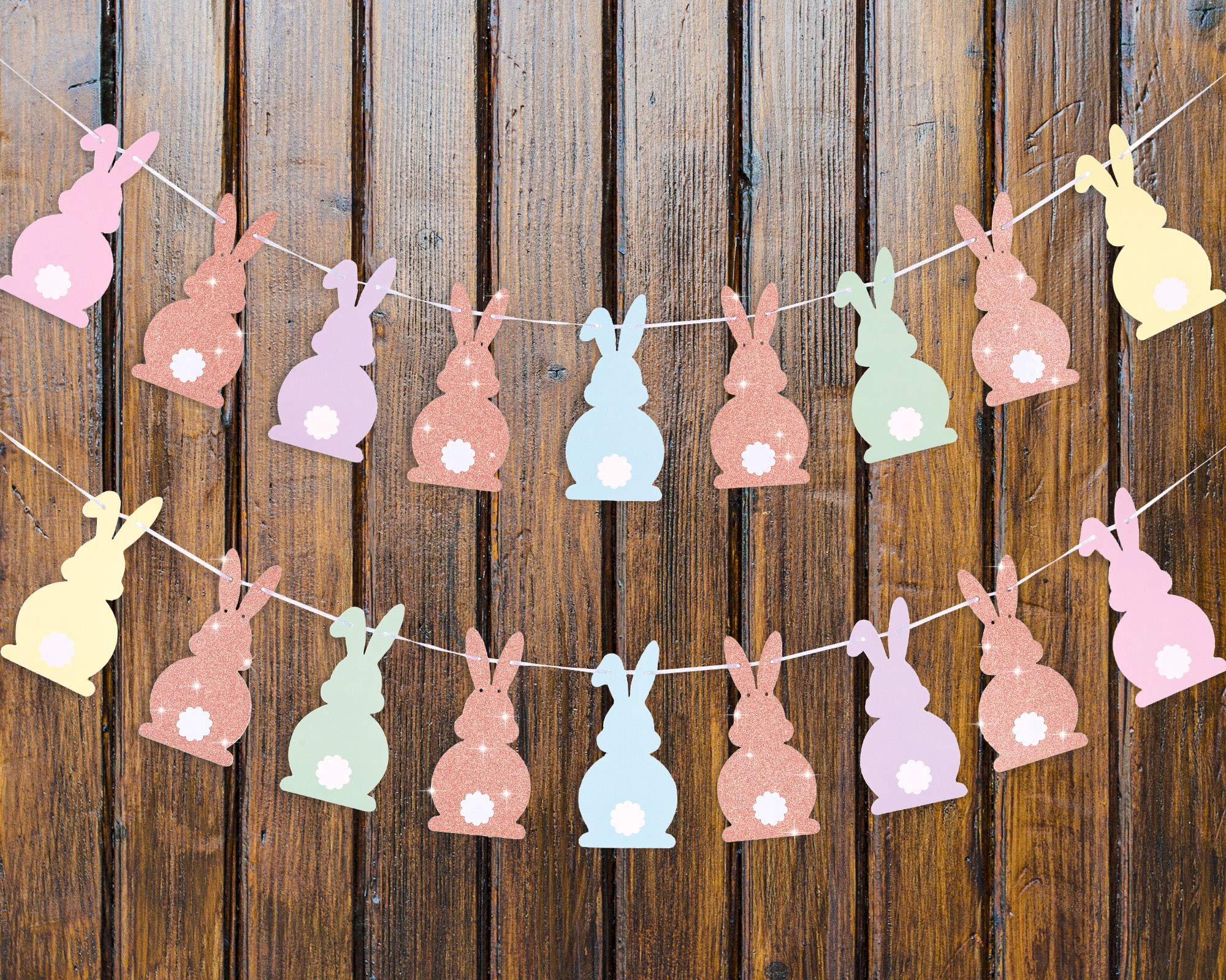 Whaline Easter Bunny Banner Garland, Glitter & Colorful, 20 Rabbits, 150 Inches, Cardboard, Rectangular, White, Yellow, Green, Blue, Purple, Pink, Glitter Pink