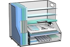 SUPEASY Desk Organizer with File Holder, 5-Tier Mesh Paper Letter Tray with Magazine Holder, Desktop Organizer and Storage for Desk Accessories Office Supplies, Black