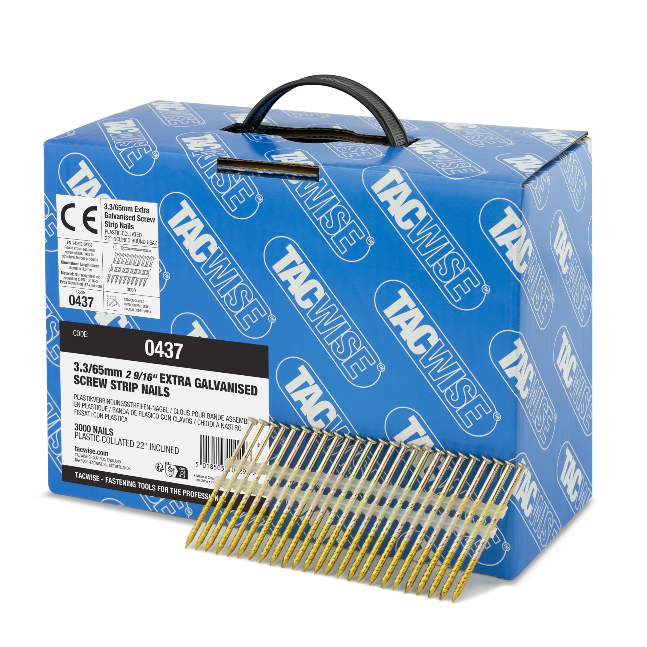 Tacwise 0437 Extra Galvanised Framing Nails 3.3 / 65 mm, Round Head, Screw Shank, 22° Inclined, Plastic Collated, Pack of 3000