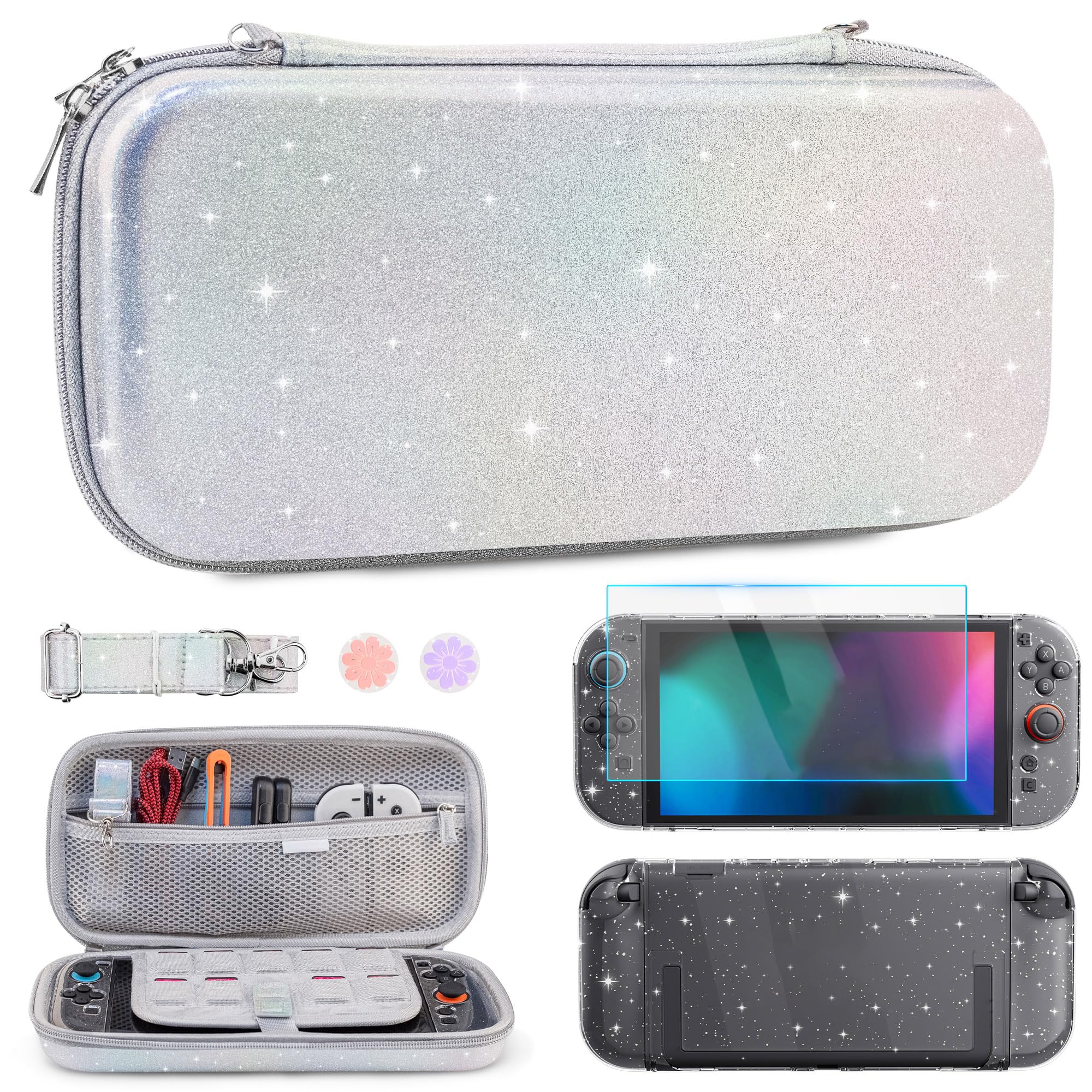 RHOTALL Silver Glitter Carrying Case for Nintendo Switch 2,Cute Slim Hard Protective Travel Carry Case,Clear Flashr Dockable Shell Cover for Switch 2,Screen Protector,Shoulder Strap,2 Thumb Caps-girls