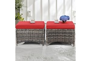 Gardenbee Patio Ottomans Set of 2 PE Wicker Steel Frame Outdoor Footstool with Removable Olefin Cushions for Patio, Backyard and Deck, Red