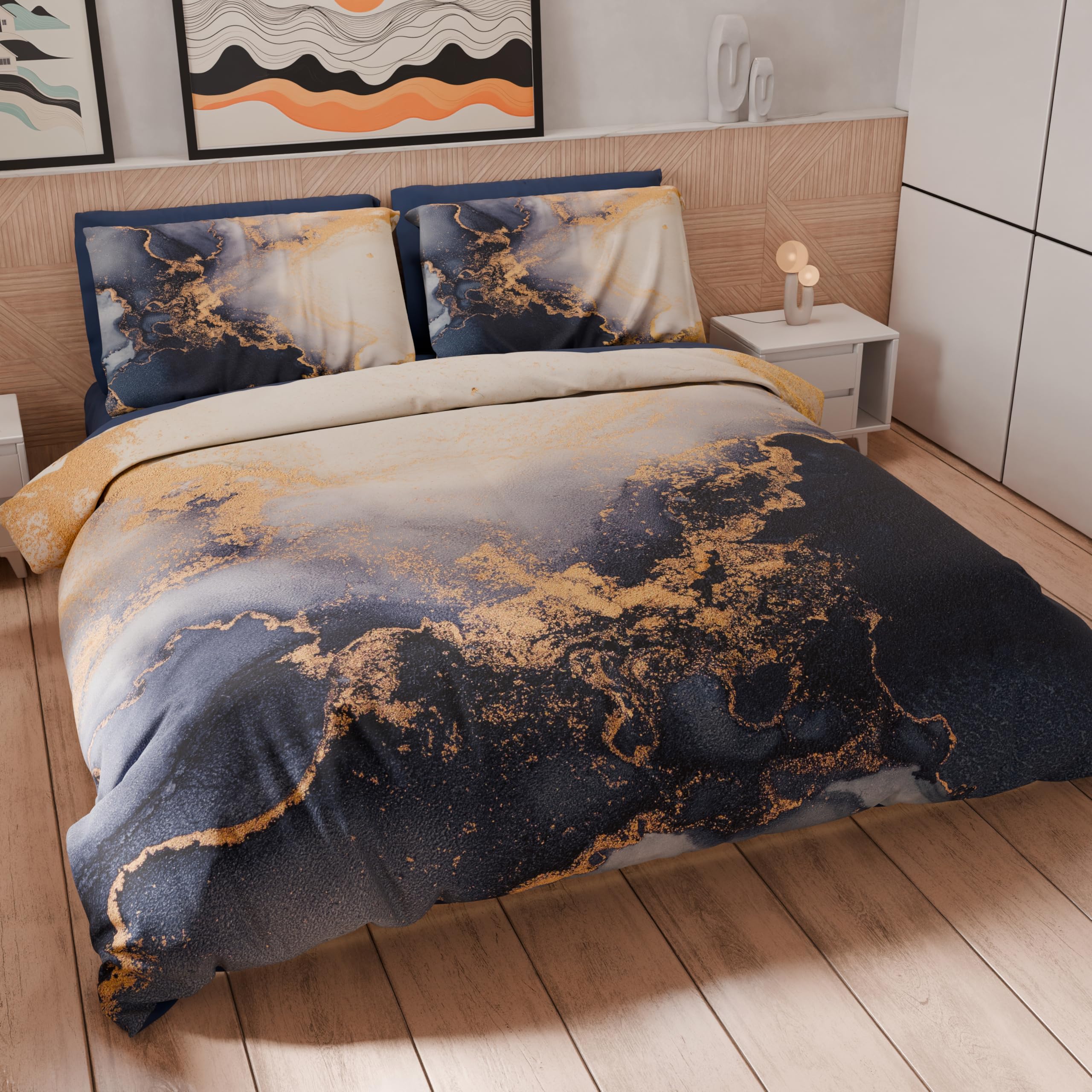 PETTI Artigiani Italiani - Double Duvet Cover 200 x 200 cm, Microfibre Duvet Cover with Digital Print + 1 Pillowcase 50 x 80 cm - Made in Italy - Marble Blus