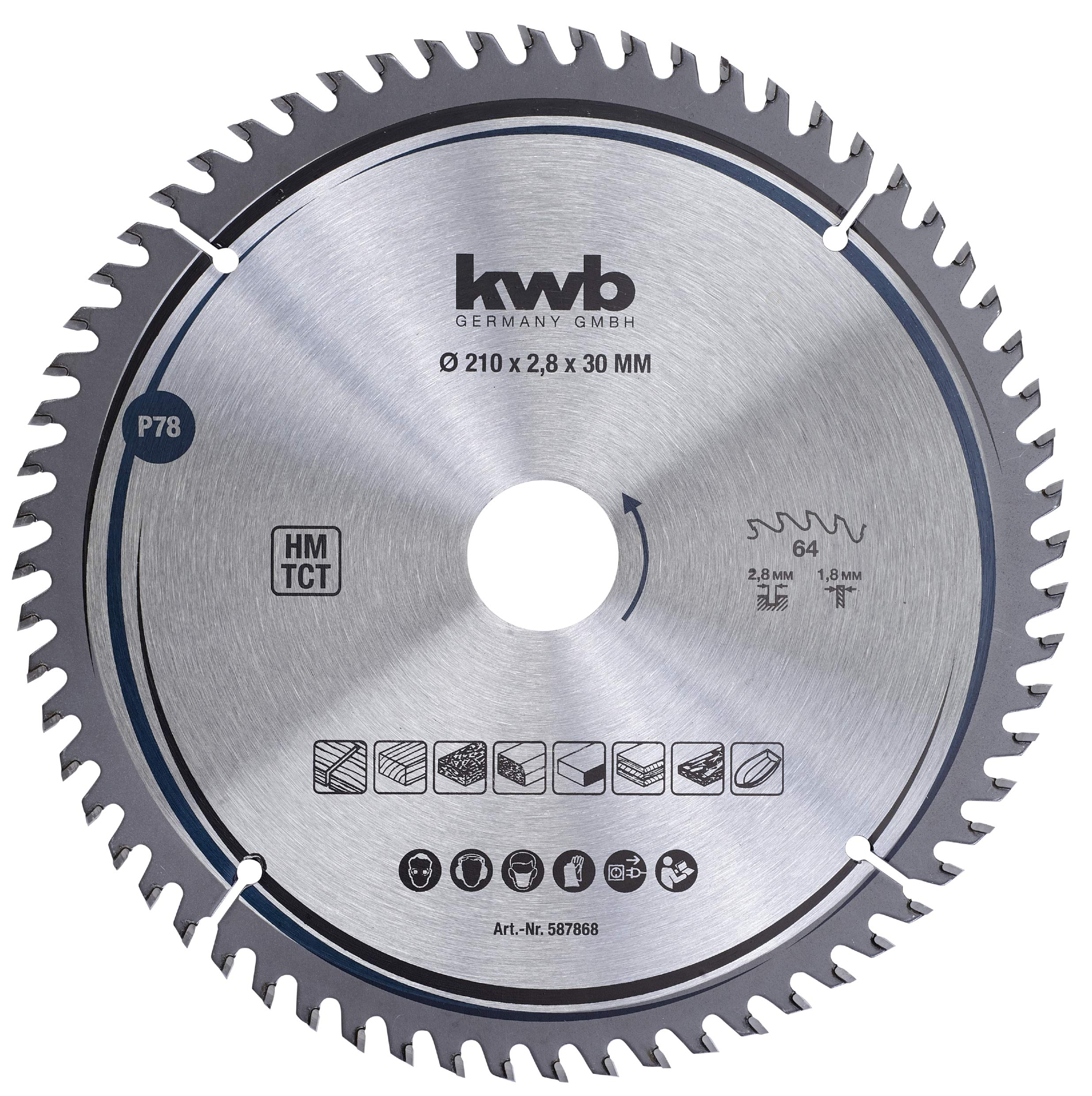 kwb 587868 Carpenter circular saw leaf, wood/hardwood, 210 x 30 mm cuts, high number, 64 teeth Z-64, precision saw blade fine, 210 x 30