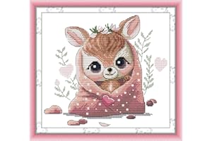 Maydiyer Counted Cross Stitch Kits for Adults,14CT Unprinted Pattern Embroidery Kits for Beginners,Easy Cross-Stitch Set DMC Threads Needlework-Fawn 11.4''×10.6''