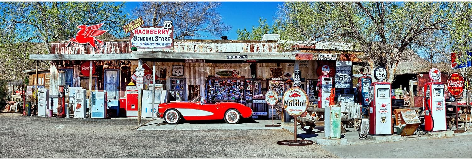 Photographs - Bob Estrin Handmade 12 X 36 Inch Panoramic Wall Art Photograph of Red Vintage Corvette and Gas Station Pumps on Rt66 in Hackberry, Arizona