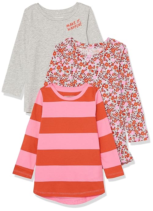 Amazon Essentials Toddler Girls' Long-Sleeve Tunic T-Shirts, Pack of 3, Floral/Light Grey Heather/Stripe, 2T