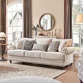Farati Modern Farmhouse 3-Seat Sofa with Nailhead Trim, Chenille Upholstery, Rolled Arms, Deep Seat, Wooden Legs, Includes 5 Accent Pillows, Comfy Couch for Living Room