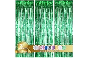 TONIFUL 3Pcs Green Metallic Tinsel Foil Fringe Curtains,3.28ft x 6.56ft Green Photo Booth Backdrop Streamer Curtain,Photo Boo