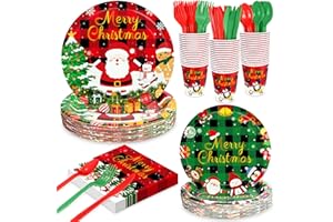 WNINK 175 PCS Christmas Plates and Napkins Set - Disposable Christmas Party Supplies with Cups, Plastic Spoons Forks Knives, Merry Xmas Paper Plates and Napkins for Xmas Holiday Party Decor, Serves 25
