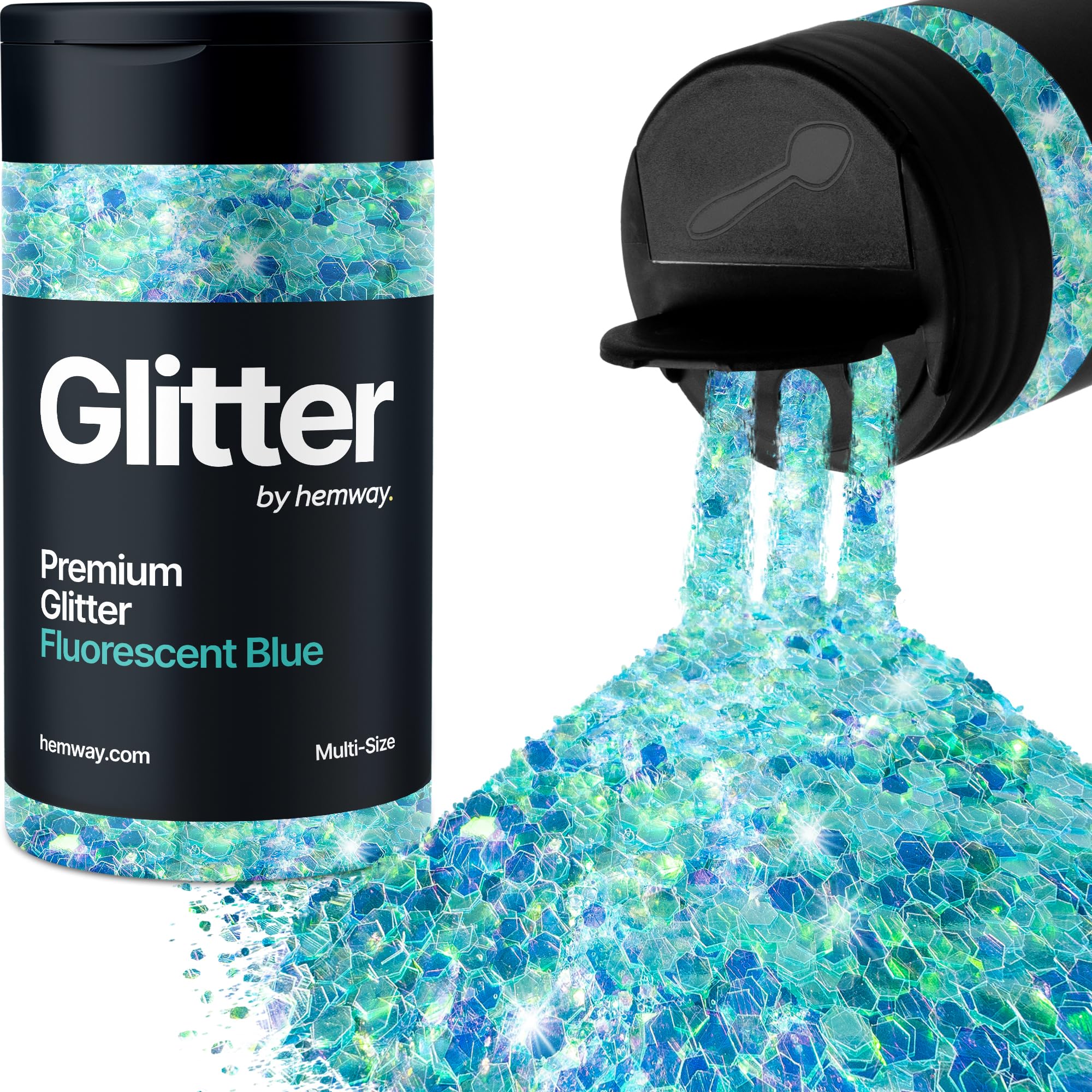 Hemway Fluorescent Blue Glitter Shaker, 120g Multi Size Glitter for Crafts Metallic Flake Sequins for Resin & Epoxy Crafts for Decorating, Halloween, Christmas, Nail, Face, Bunting, Art, Pots