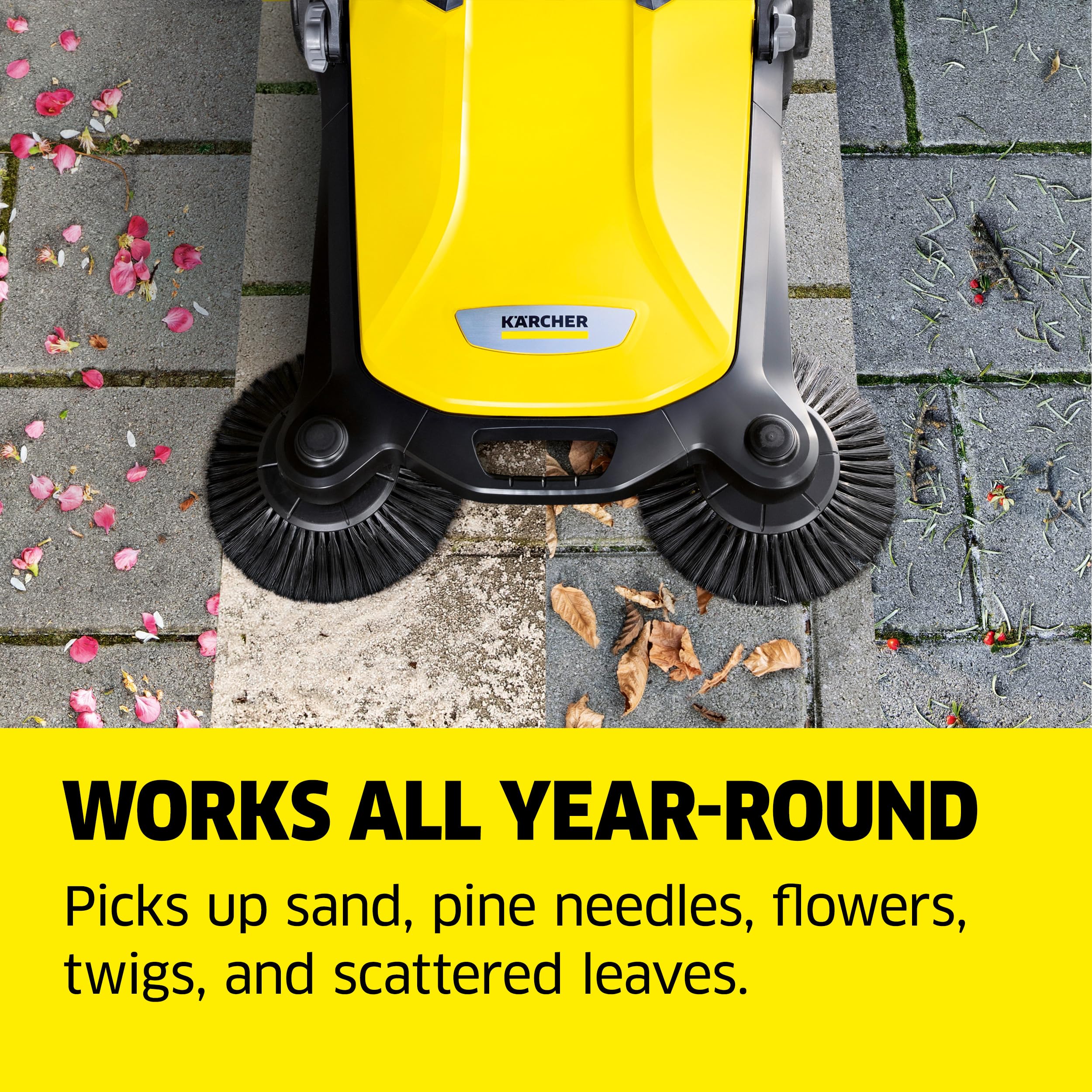 Kärcher Walk Behind Outdoor Push Sweeper S 4 Twin for Workshops, Warehouses or Garages - 5X Faster Than a Push Broom, 5.25 Gallon Capacity, 26.8