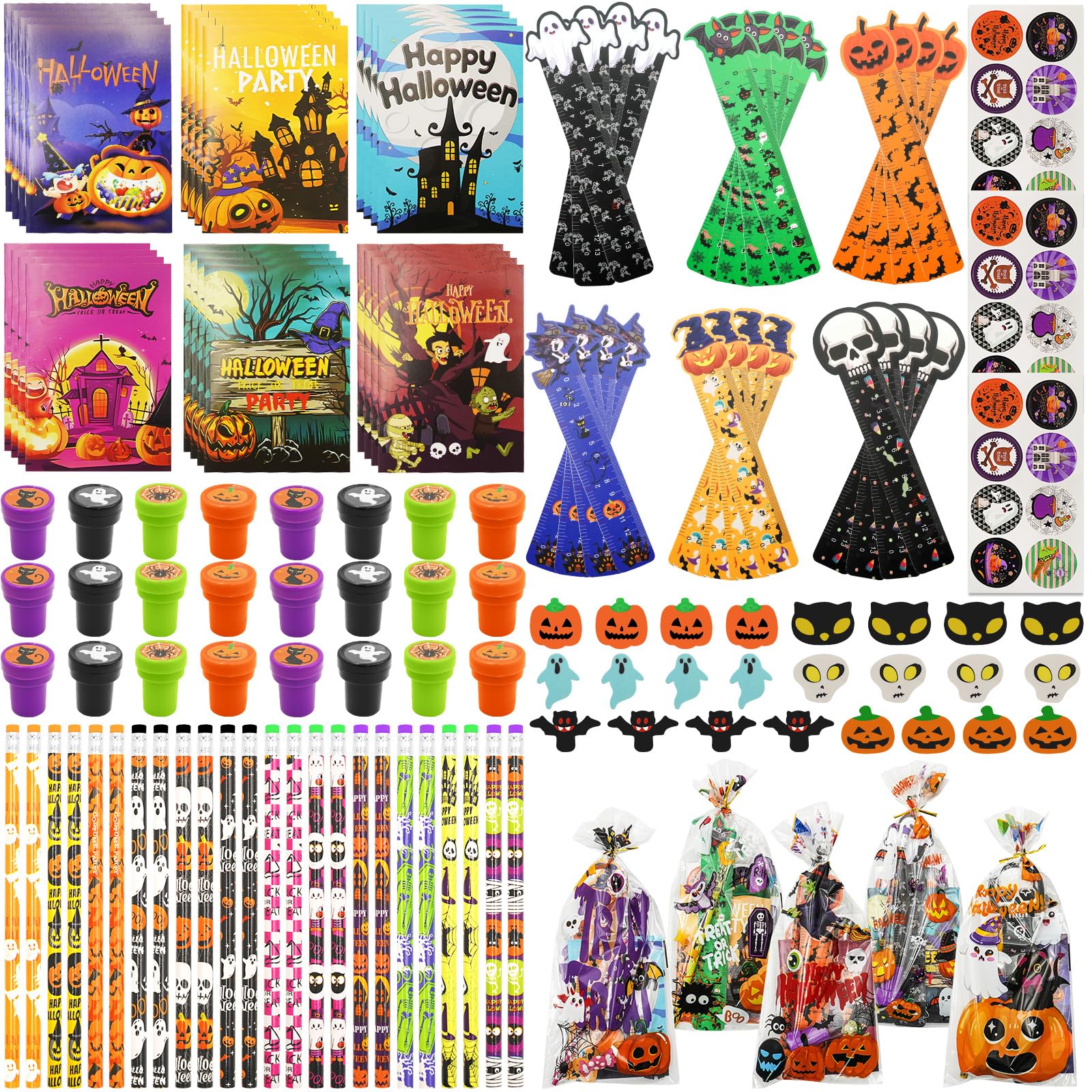 Photo 1 of 168 PCS Halloween Party Favors 24 Pack Halloween Stationery for kids Trick or Treat Gifts for Halloween Party Classroom School Supplies Prizes Rewards Stuffers Halloween Toys