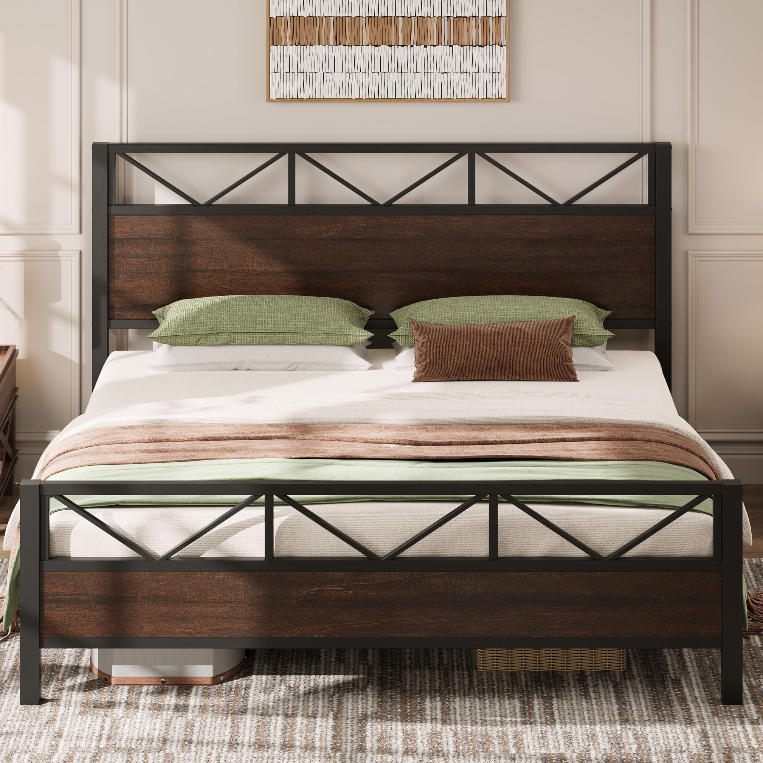 LIKIMIO King Bed Frame, Tall Industrial Headboard 51.2 ", Platform Bed Frame with Strong Metal Support, Solid and Stable, Noise Free, No Box Spring Needed, Easy Assembly, Dark Brown Image