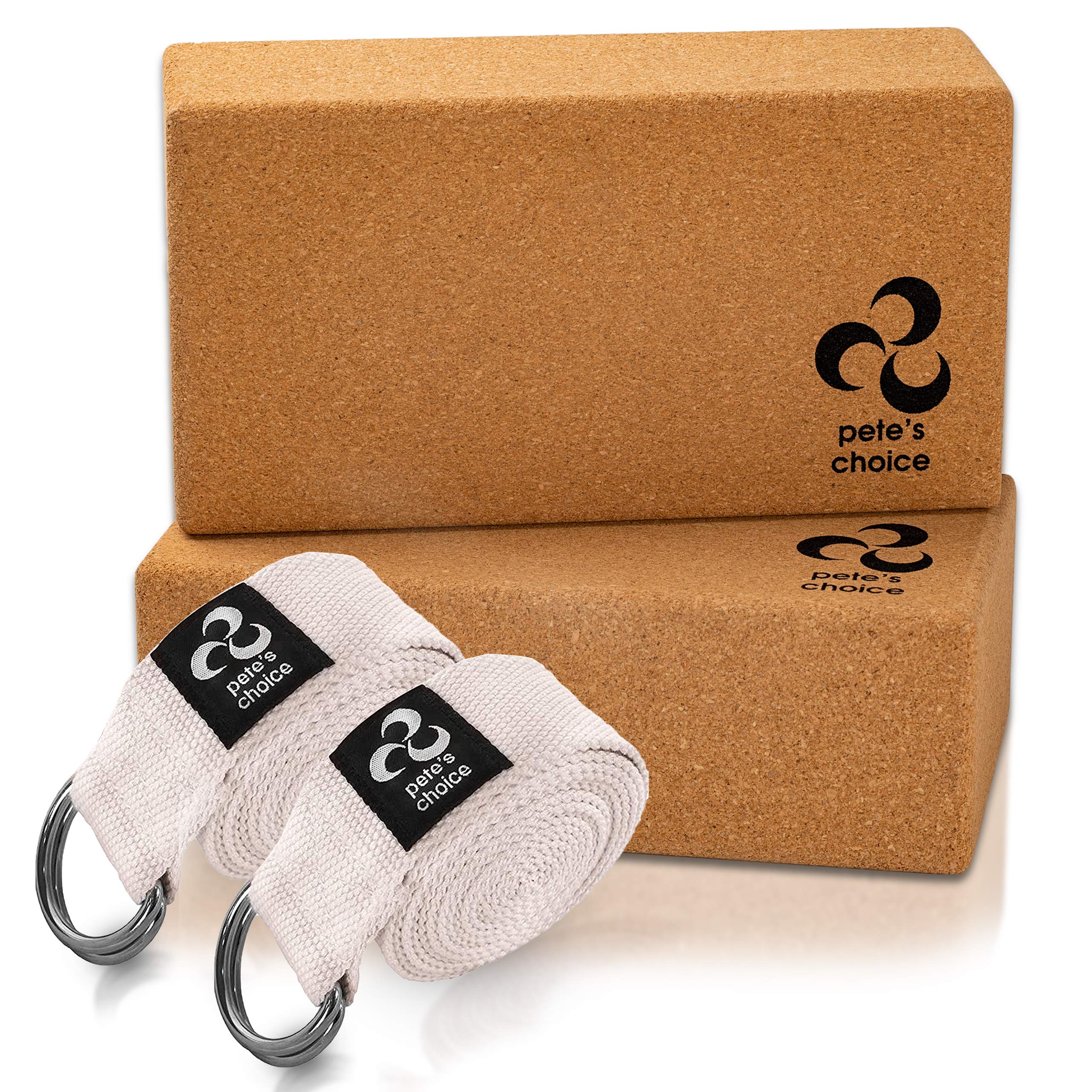 Yoga Cork Blocks & Straps - Natural Cork Yoga Brick. Eco Friendly 2 Pack Blocks & 2 Pack Stretching Straps. Home Exercise.