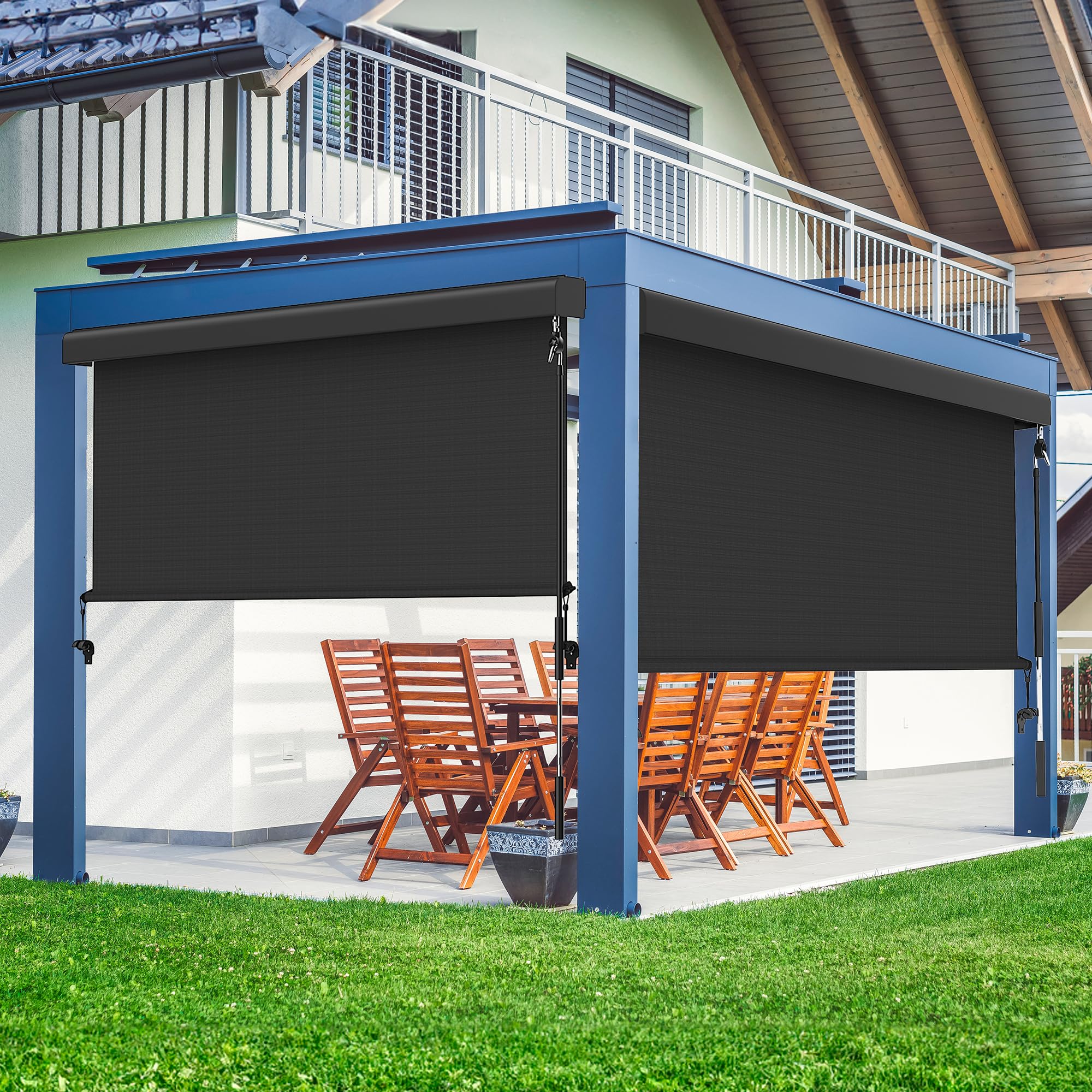 Photo 1 of *just shade*Outdoor Roller Shade for Patio with Aluminum Valance, (10'W X 8'H) 420GSM New Material Patio Blinds with 95% UV Blockout, Outdoor Blinds with Crank Handle for Shading, Privacy Protection, Black