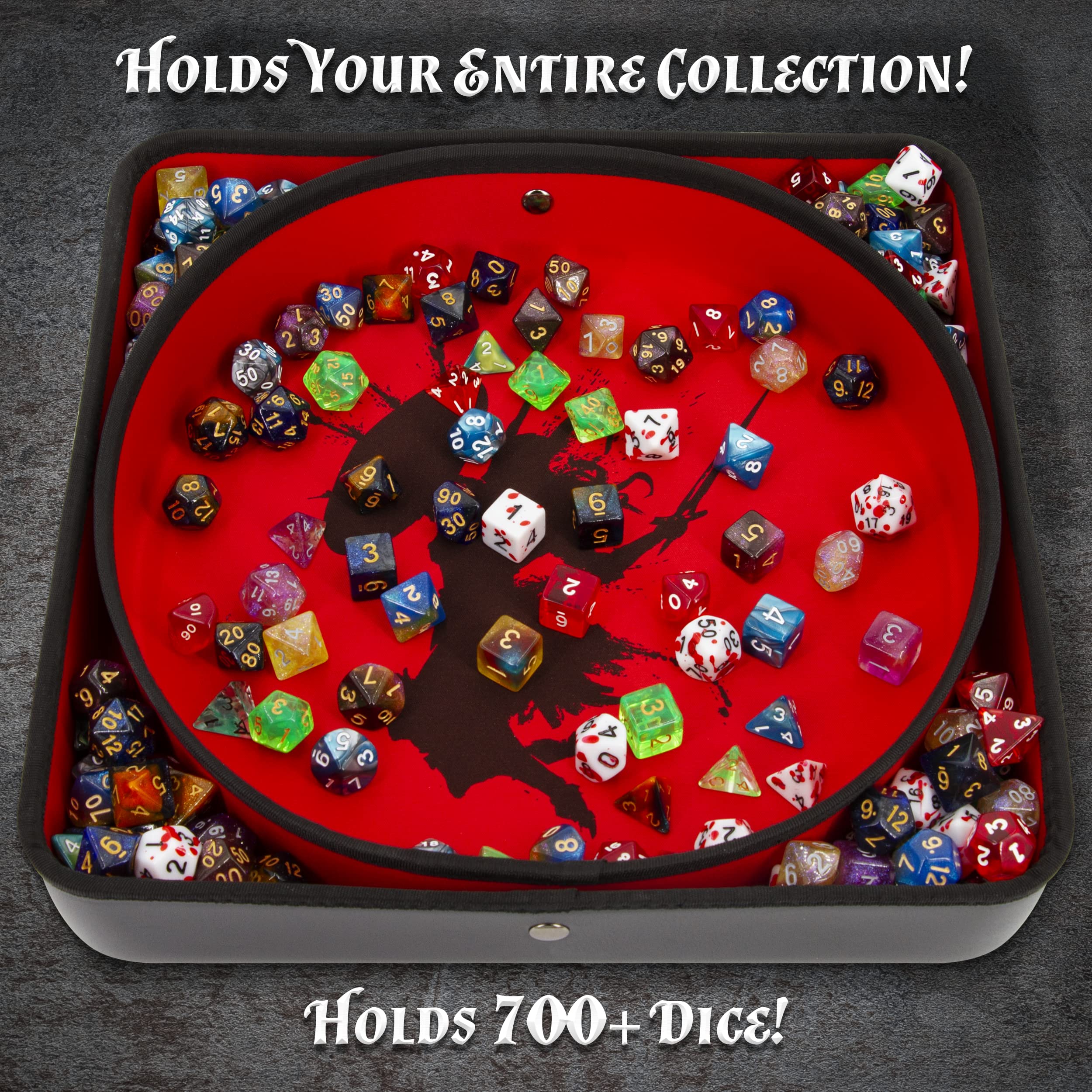 CASEMATIX XL Dice Tray and DND Dice Holder Travel Case for Up to 700 RPG Dice - Expanding Design with 3 Dice Rolling Tray Arenas, Embossed PU Leather Exterior and Printed Dice Trays