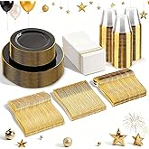 SUT 350-Piece Black and Gold Disposable Plates - Elegant Plastic Dinnerware for 50 Guests, Includes Cups & Napkins | Durable Leak-Proof Design for Weddings, Birthdays, Holidays