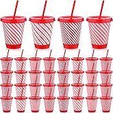 Skylety 36 Pcs Bulk Christmas Candy Plastic Cups with Straws and Lids for Coworkers Employee 16 oz Red White Candy Cups Xmas Tumbler Reusable for Team Nurse Teacher Office Staff Hot Chocolate, 4Style