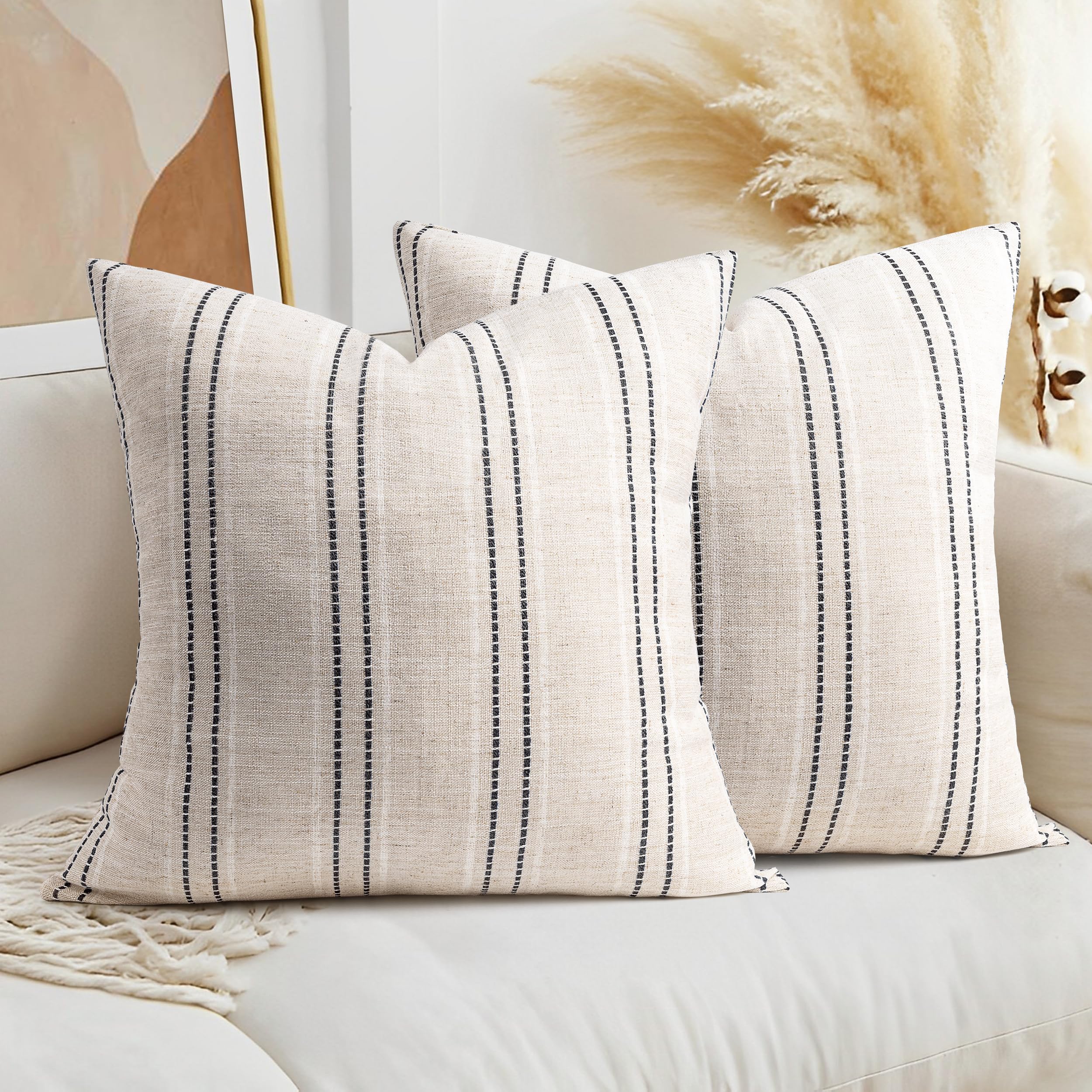 Photo 1 of AELS 22x22 Decorative Farmhouse Linen Throw Pillow Covers, Boho Textured Pillow Case, Set of 2, Beige with White & Black Stitch Yarn Dyed Stripe Cushion Cover for Sofa Couch Living Room (Cover ONLY)