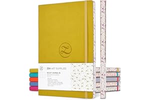 ZENART SUPPLIES Lay Flat Large B5 Dotted Journal - Enjoy Bullet Journaling with a Soft Cover 7x10-inch, Non-Bleed Thick 120gsm Paper, Dot Journal in Yellow, Japanese Edge Motif - Faux Leather Dot Notebook