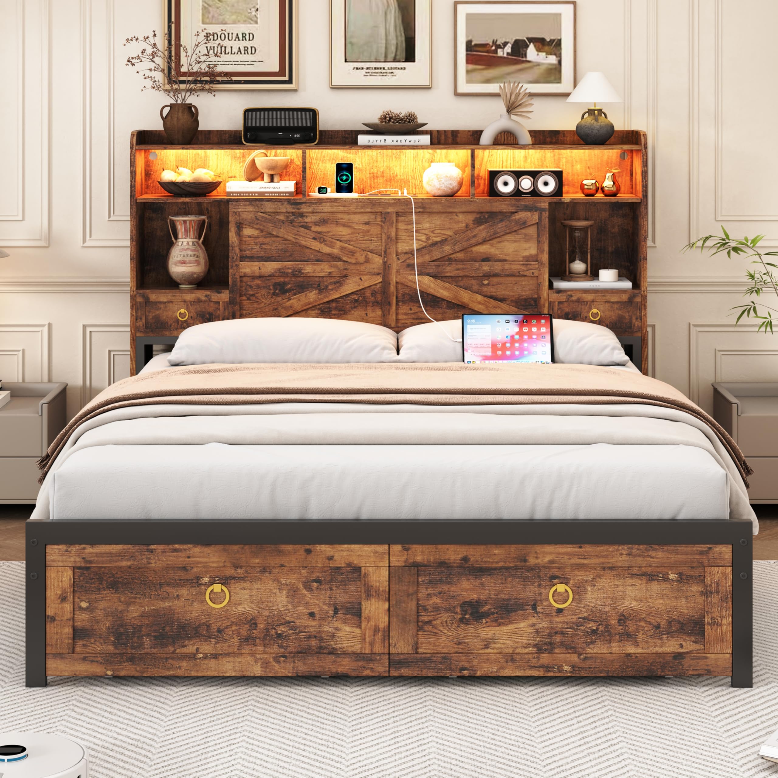 TIGUBFRE Full Bed Frame with 4 Drawers Bookshelf Headboard, Farmhouse Bed Frame with Charging Station & LED Lights, Metal Slats Support, Noise Free, No Box Spring Needed Rustic Brown