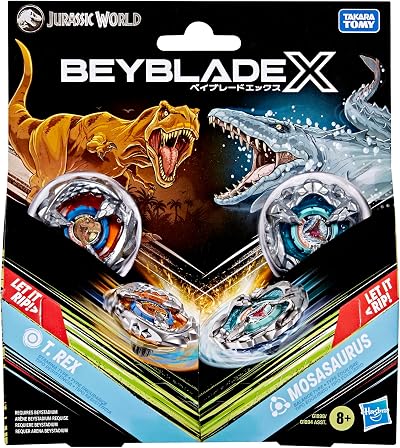 Beyblade X Jurassic World Collab T. Rex vs Mosasaurus Multipack Set 4 Tops & 2