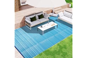 WondRg Outdoor Waterproof Patio Rug 5x8 Plastic Straw Reversible Lightweight Outdoor Area Carpet for Camping RV Picnic Backyard Deck Balcony Porch Beach, Blue Stripe