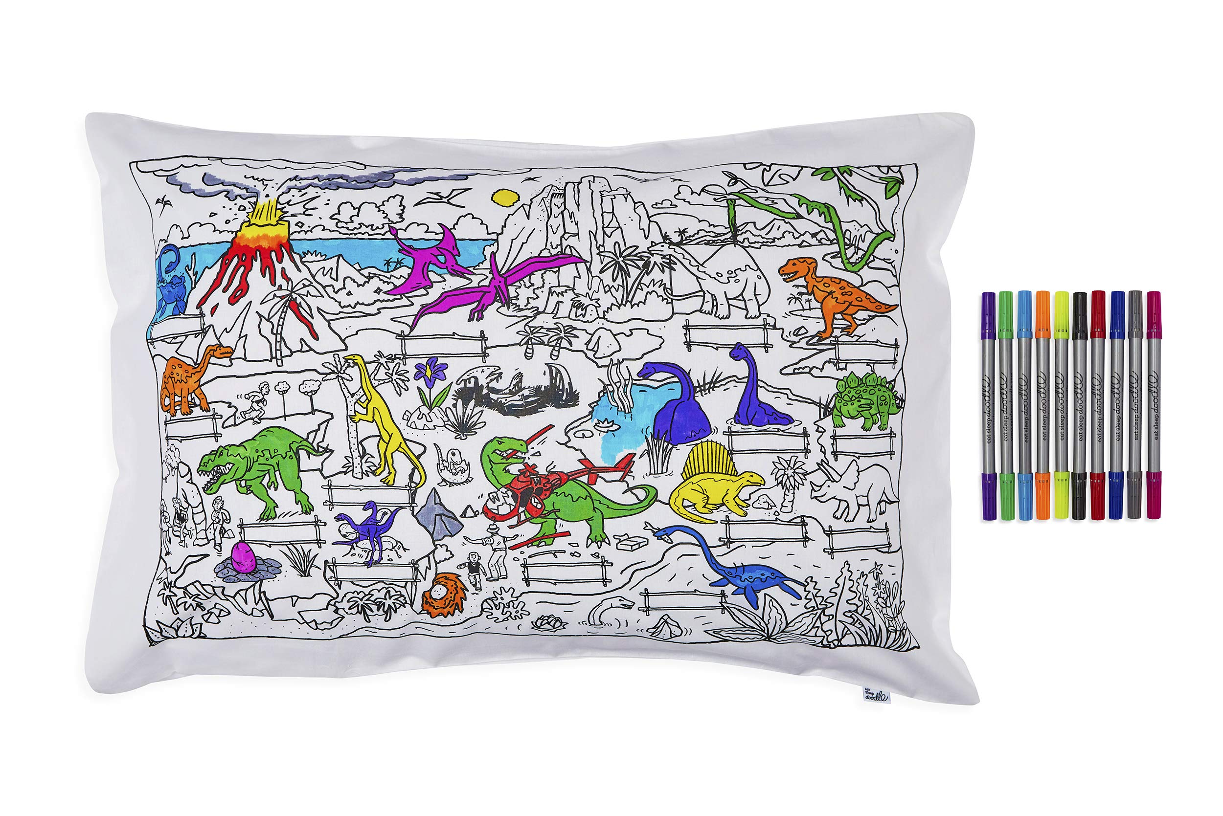 eatsleepdoodle Colouring Pillowcase for Kids w/ 10pk Washable Markers - 75x50cm Dinosaur Kids Colouring Pillowcase - Ultra Washable & Reusable Arts and Crafts