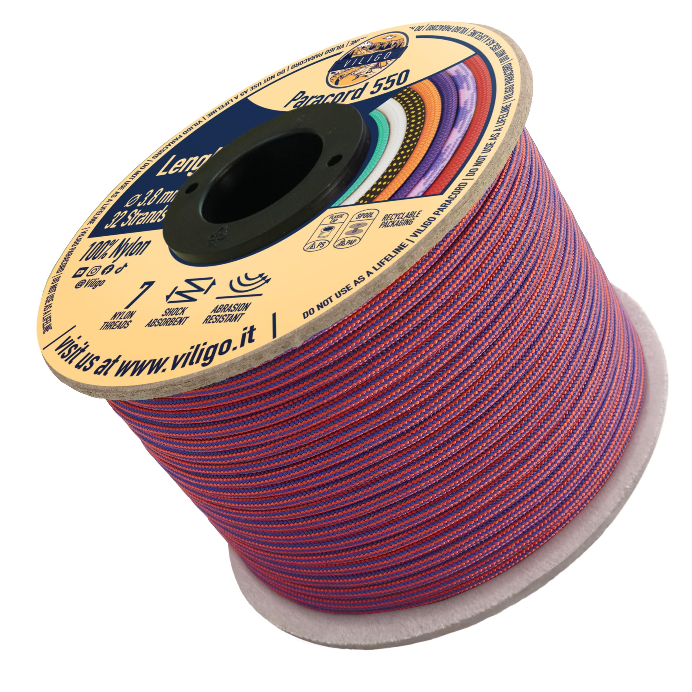 VILIGO Paracord 550 - Type III (3.8 mm) - Nylon Braid, 7 Inner Strands, Ideal for Camping, DIY Projects, Bracelet Making and Accessories (15 m, Bluebird)