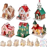 Astivac 6 Pack DIY Wooden Christmas Gingerbread House Paints Kit | Christmas Wooden House Kit for Craft, LED Christmas Village Houses for Winter Table Decor, Art Project, DIY Crafts