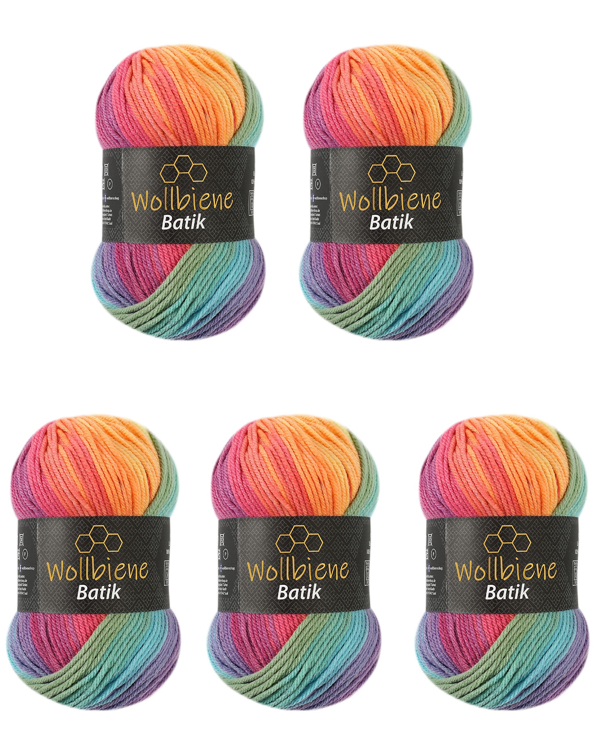 5 x 100 g Wollbiene Batik, 500 g Wool with Colour Gradient, Multicoloured Knitting Wool, Crochet Wool (5040 Pastel Rainbow) — image 1